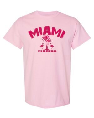 light pink -colored t-shirt with a design of miami Light Pink-Colored T-shirt With Miami,Florida With Flamingos Logo.