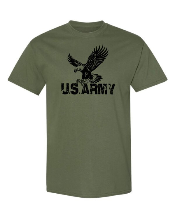military green-colored t-shirt with a design of u.s army Military Green-Colored T-shirt With U.S Army Logo.