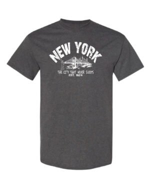 charcoal colored t-shirt with a design of New York Heather Charcoal-Colored T-shirt With New York Logo.