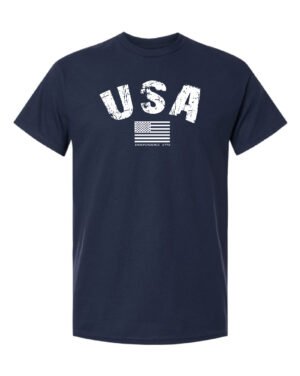 Navy-Colored T-shirt With USA Flag Logo White ink.