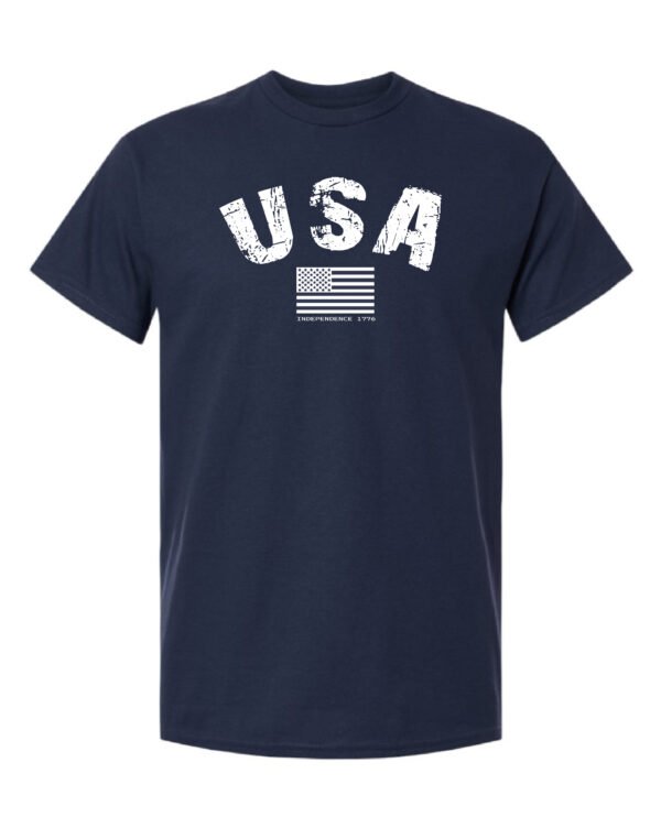 Navy-Colored T-shirt With USA Flag Logo White ink.