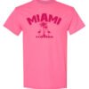 Safety Pink-Colored T-shirt With Miami, Florida Logo With Flamingos.