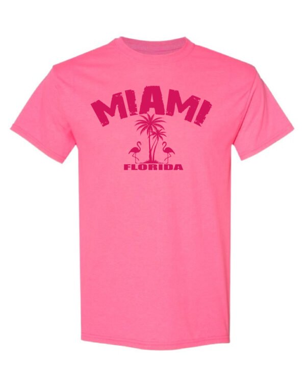 Safety Pink-Colored T-shirt With Miami, Florida Logo With Flamingos.
