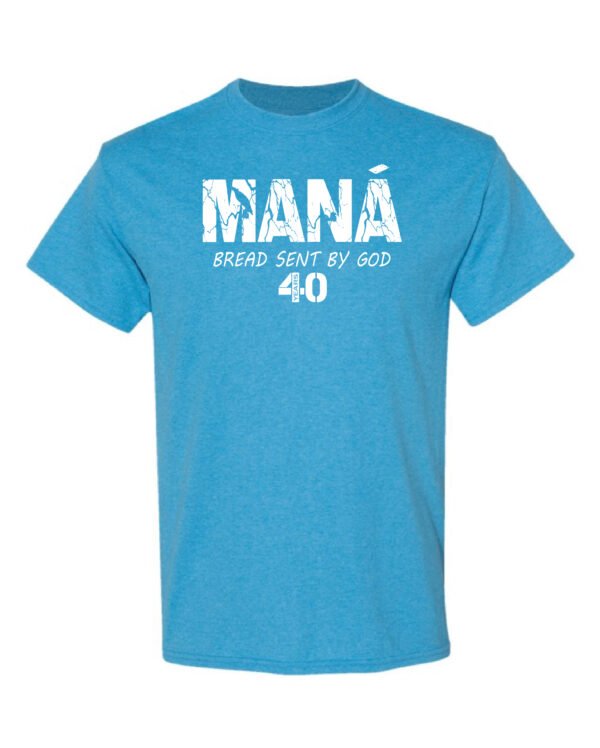 heather sapphire-colored t-shirt with a design of mana Heather Sapphire-Colored T-shirt With MANA Logo.