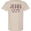 sand-colored t-shirt with a design of jesus Sand-Colored T-shirt With The Jesus The Hero Logo In Brown Ink.