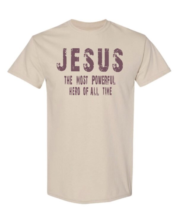 sand-colored t-shirt with a design of jesus Sand-Colored T-shirt With The Jesus The Hero Logo In Brown Ink.